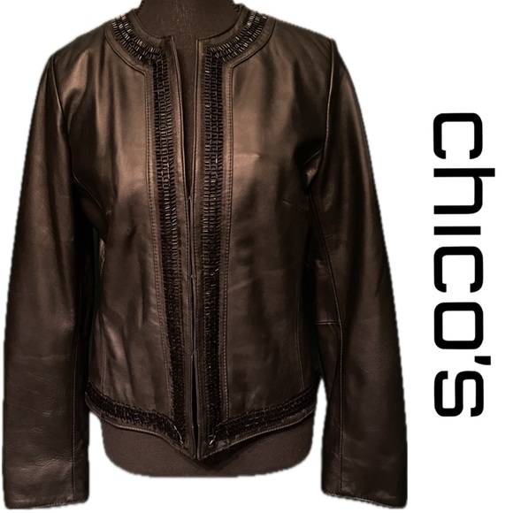 Chico's Black Leather Jacket w/ Bead Trim & Clasp Front - Fall Autumn EUC 0 XS 4 - Picture 11 of 12